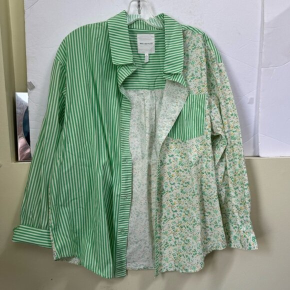 AVEC LES FILLES Cotton Floral Striped Oversized Mixed Print Shirt Button Up Top - Picture 3 of 11